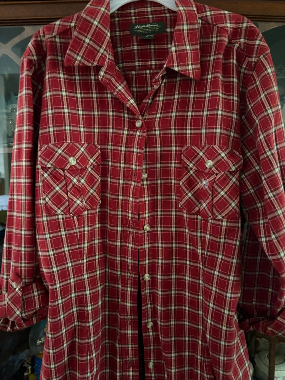 Eddie Bauer Red and White Plaid Button-Down Shirt